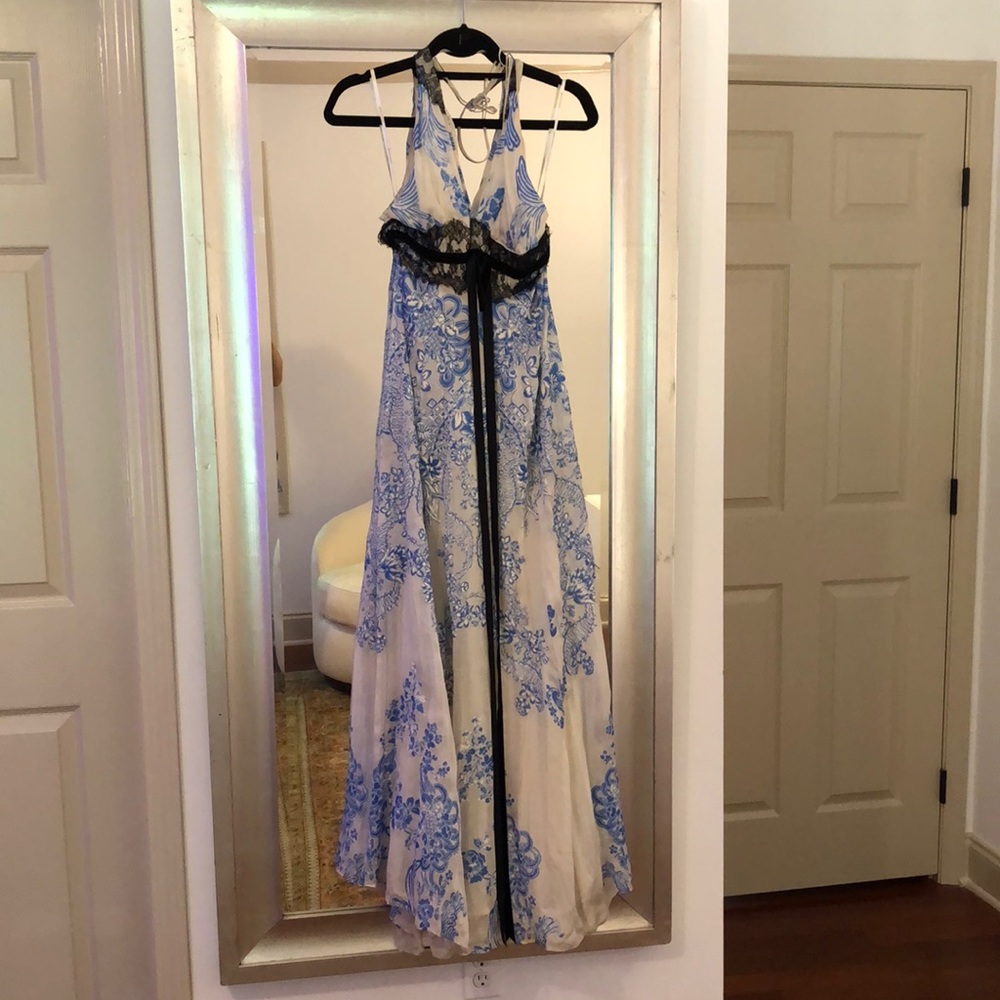 Roberto Cavalli maxi silk lace & velvet halter top dress with bodysuit Small